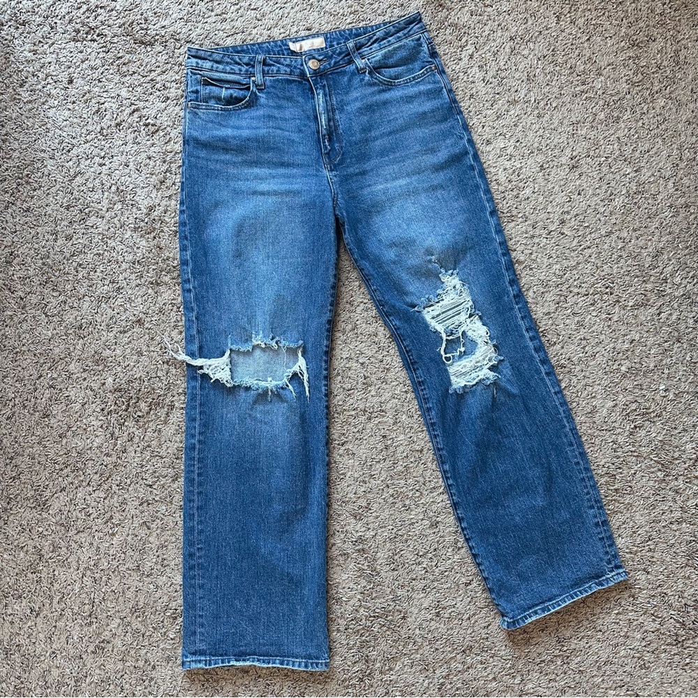 Kut Sienna Wide Leg High Rise Distressed Dark Wash High Waisted Denim Jeans